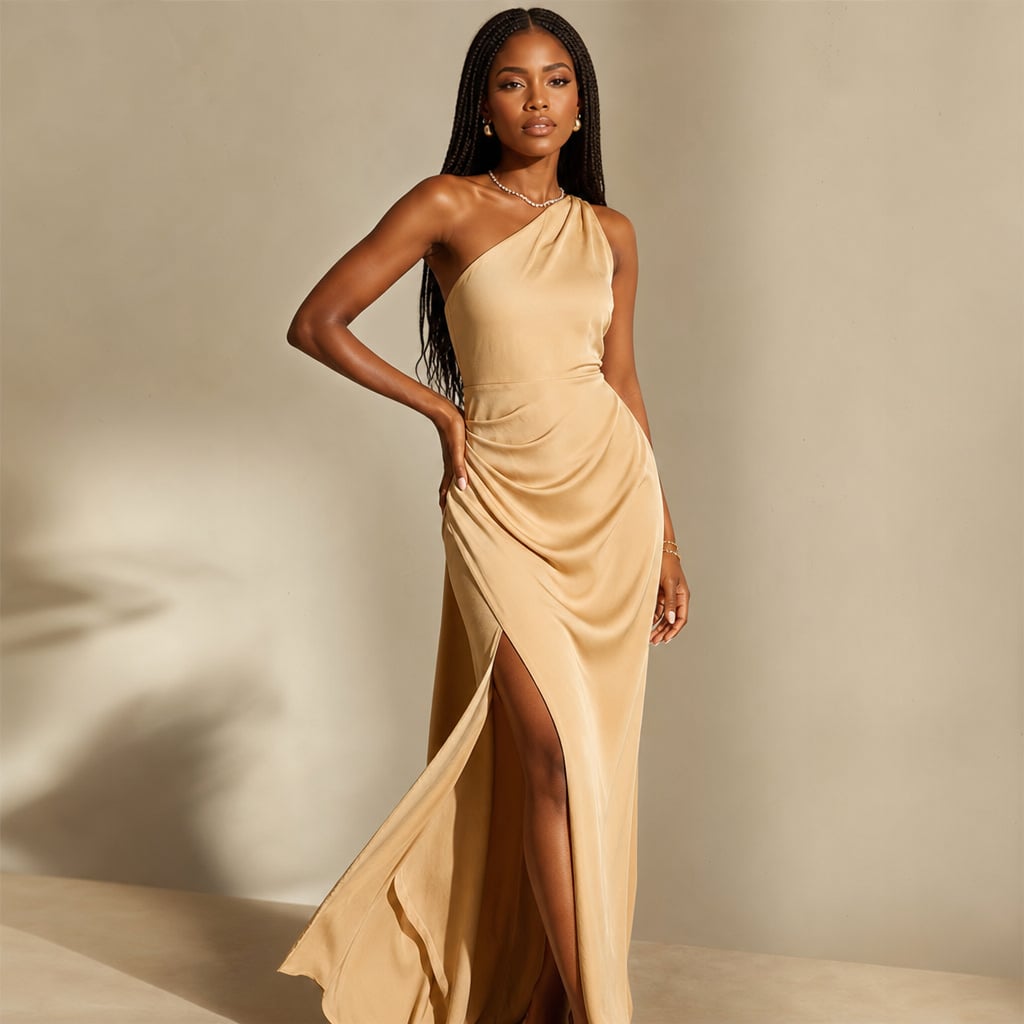 Asymmetrical beige Maxi dress for women with slit Light brown – Side Angle View
