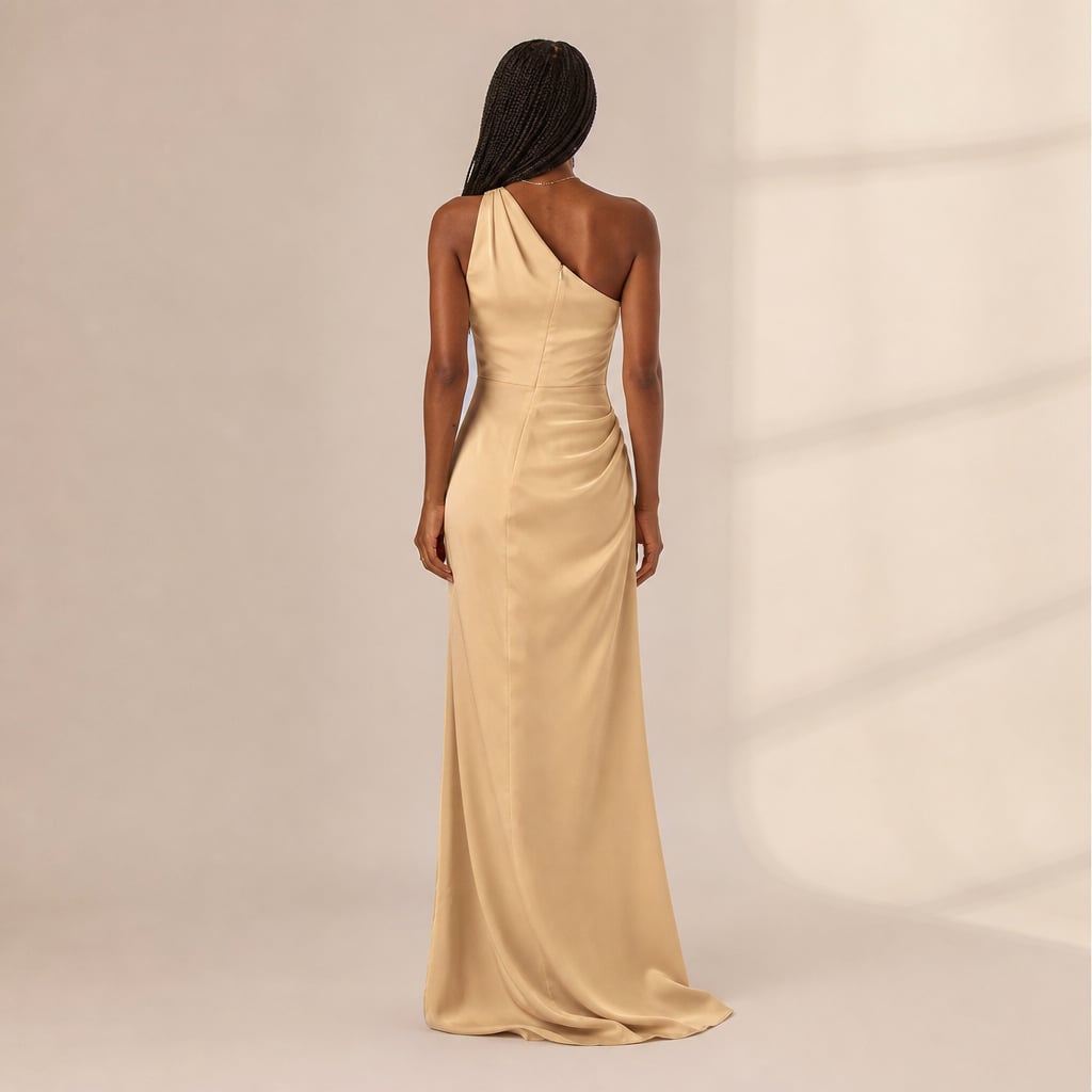 Asymmetrical beige Maxi dress for women with slit Light brown – Full Look