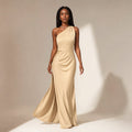 Asymmetrical beige Maxi dress for women with slit Light brown – Product Photo
