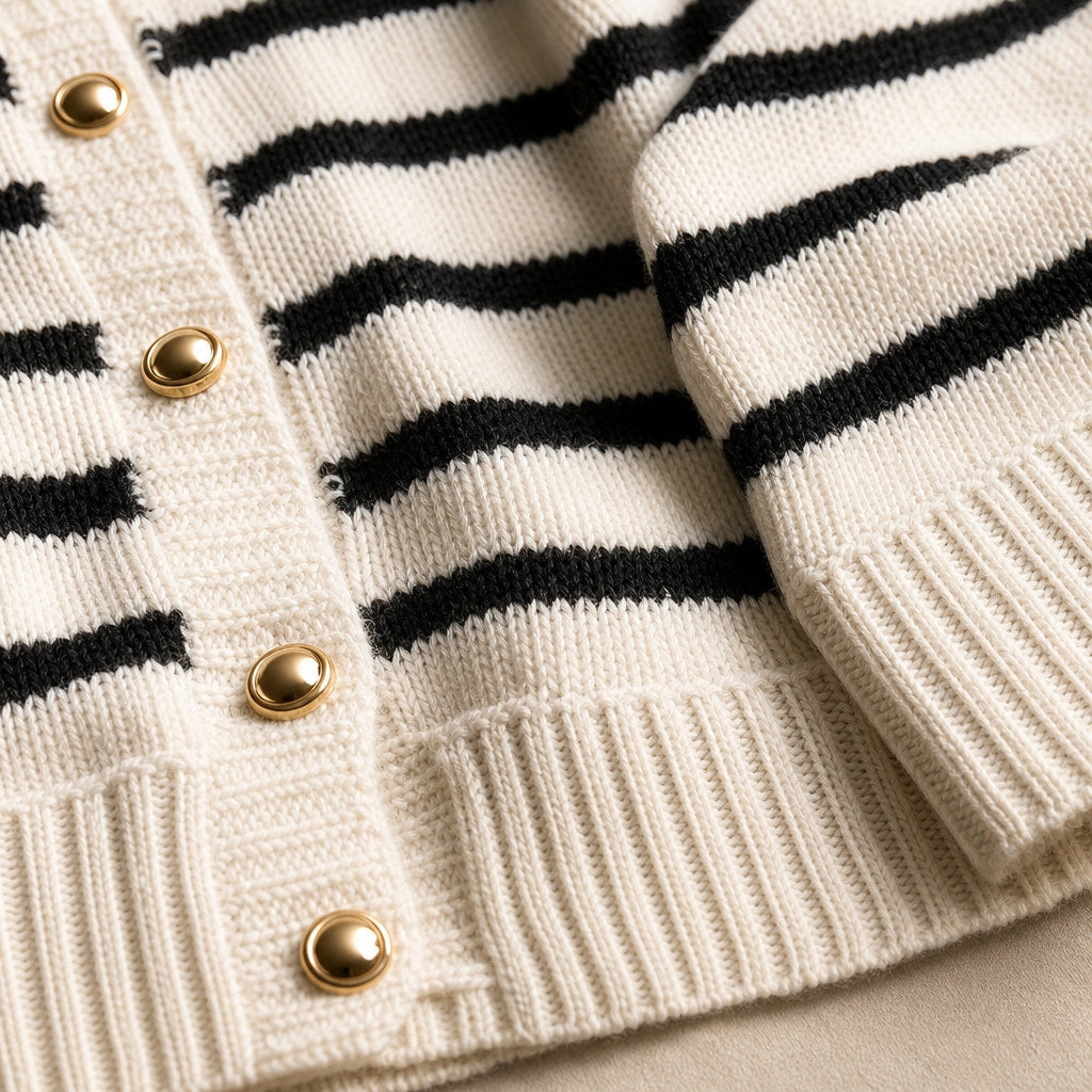 Audrey Striped Cardigan White – Fabric and Detail Close-Up