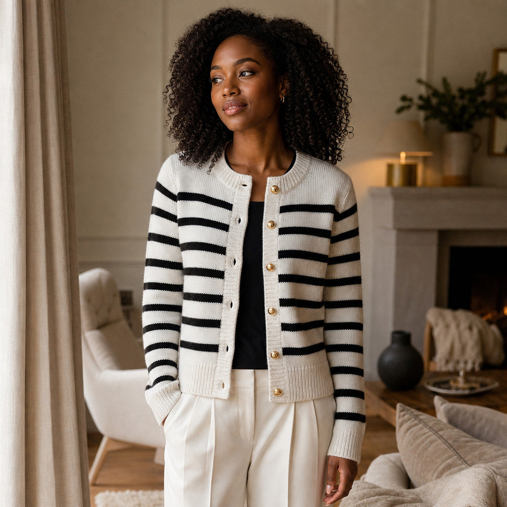 Audrey Striped Cardigan White – Styled Editorial Shot