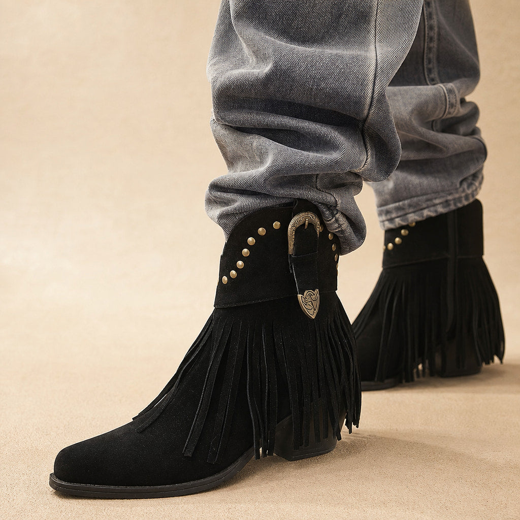 Bold And Modern Fringe Cowboy Boots Black – Product Photo