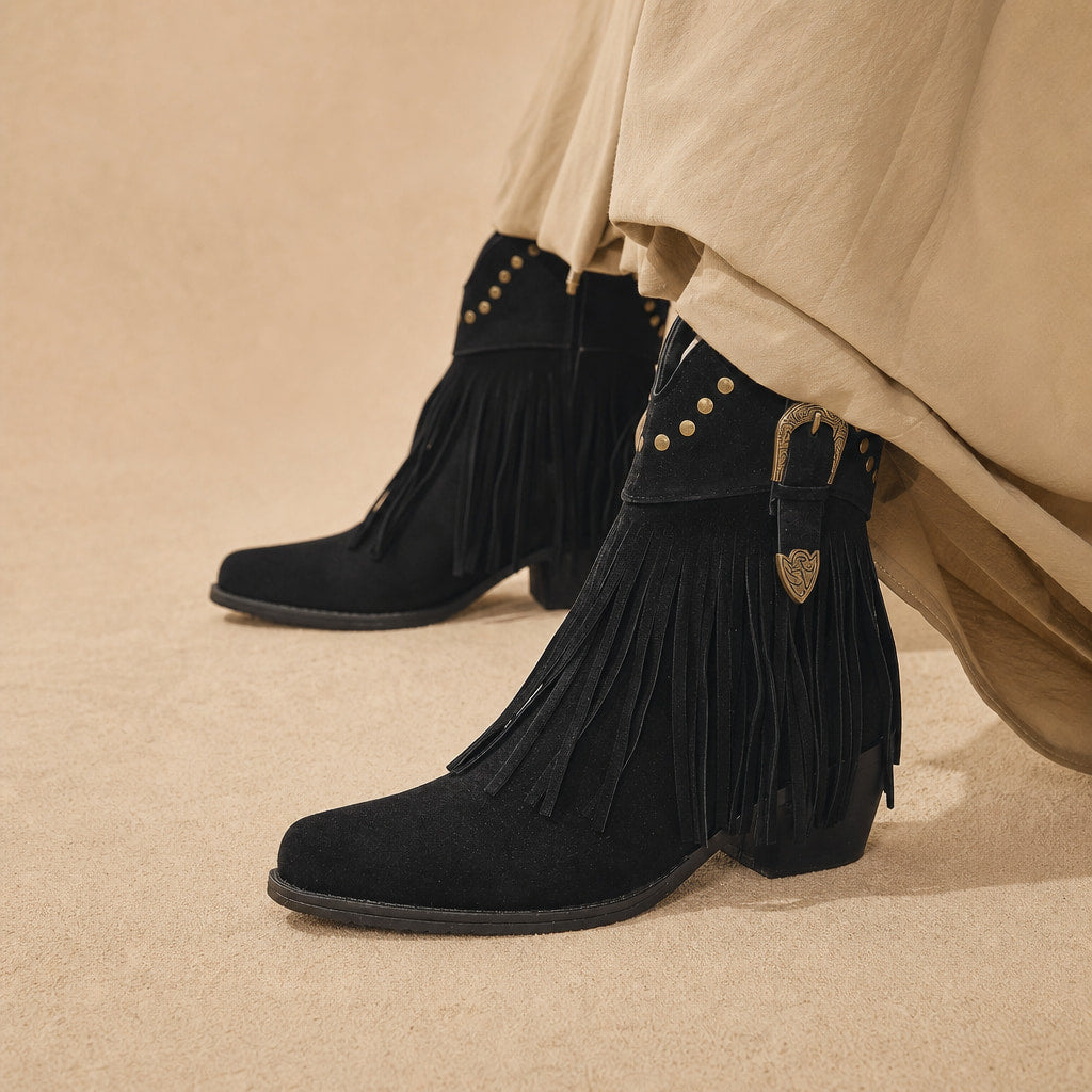 Bold And Modern Fringe Cowboy Boots in Black – Mampierimoda Premium Womenswear