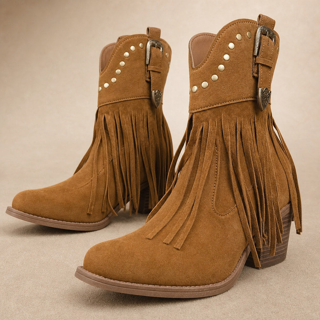 Bold And Modern Fringe Cowboy Boots Light Brown – Fabric and Detail Close-Up