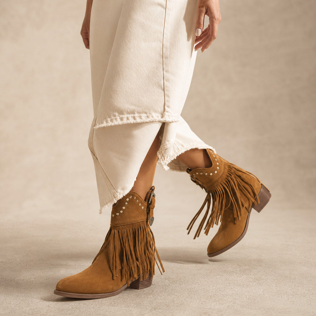 Bold And Modern Fringe Cowboy Boots Light Brown – Product Photo