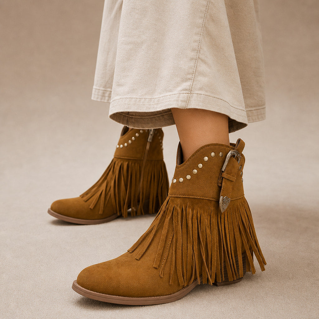 Bold And Modern Fringe Cowboy Boots in Light Brown – Mampierimoda Premium Womenswear