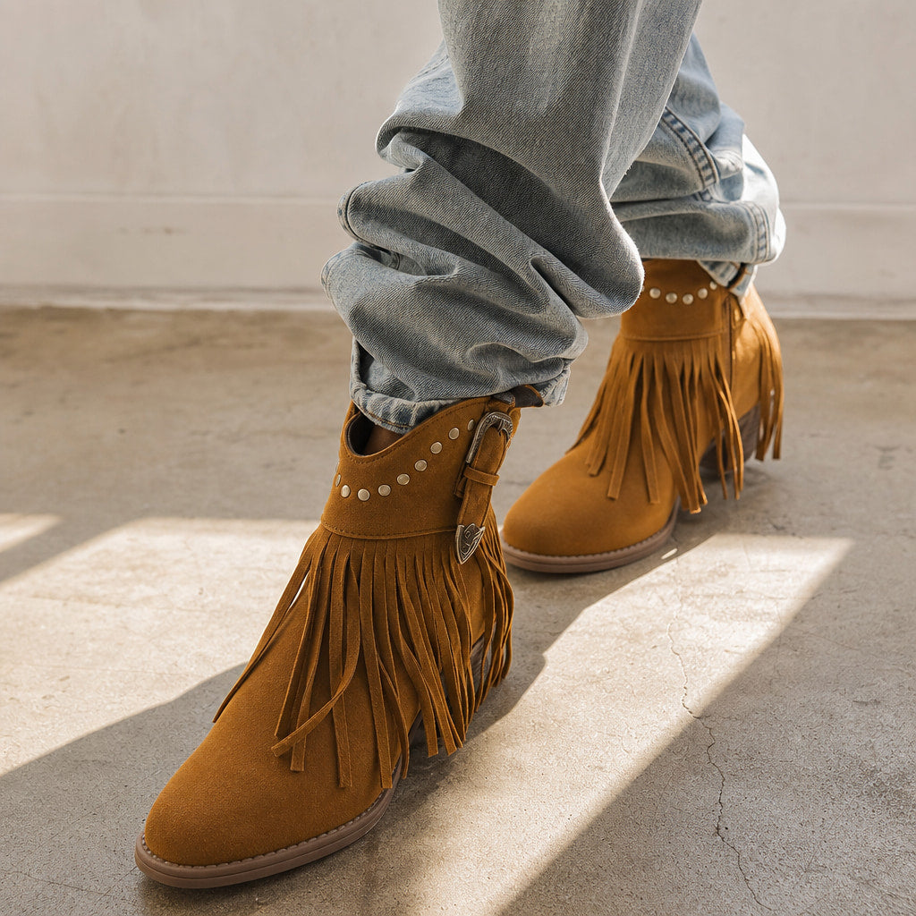 Bold And Modern Fringe Cowboy Boots Light Brown – Styled Editorial Shot, Detail