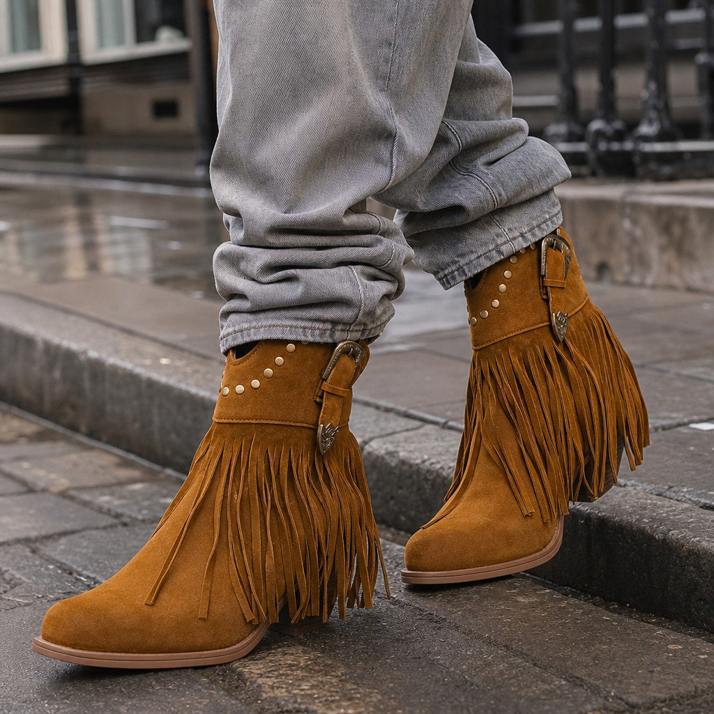 Bold And Modern Fringe Cowboy Boots Light Brown – Styled Editorial Shot