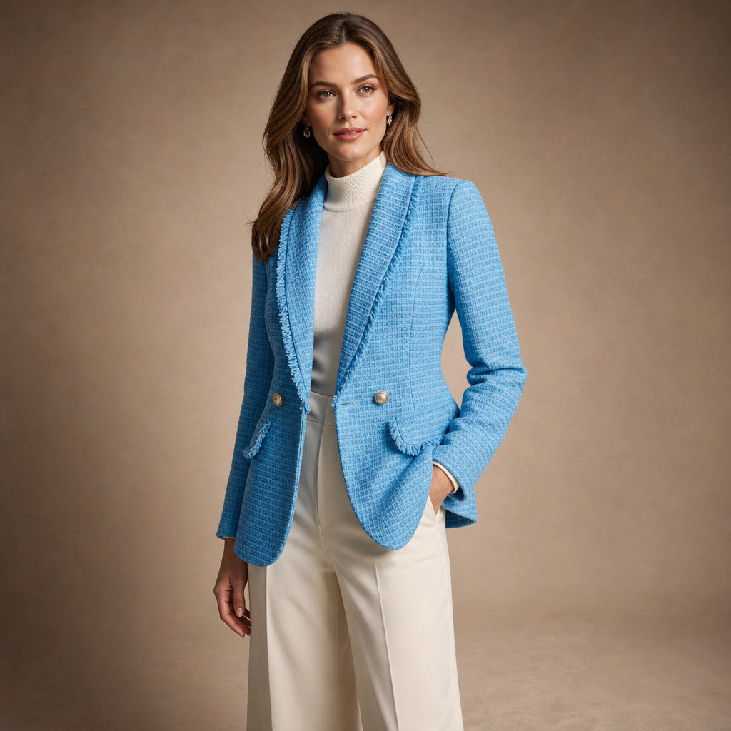 Avery Couture Boucle Blazer Iris Blue – Side Angle View
