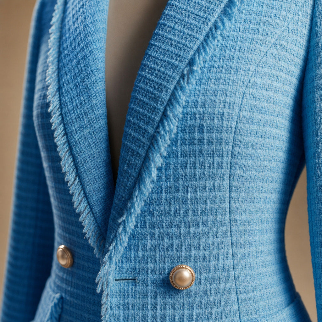 Avery Couture Boucle Blazer Iris Blue – Fabric and Detail Close-Up