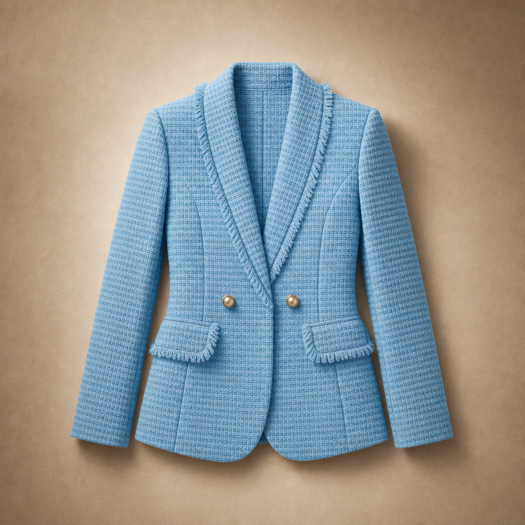 Avery Couture Boucle Blazer Iris Blue – Flat Lay Product Photo