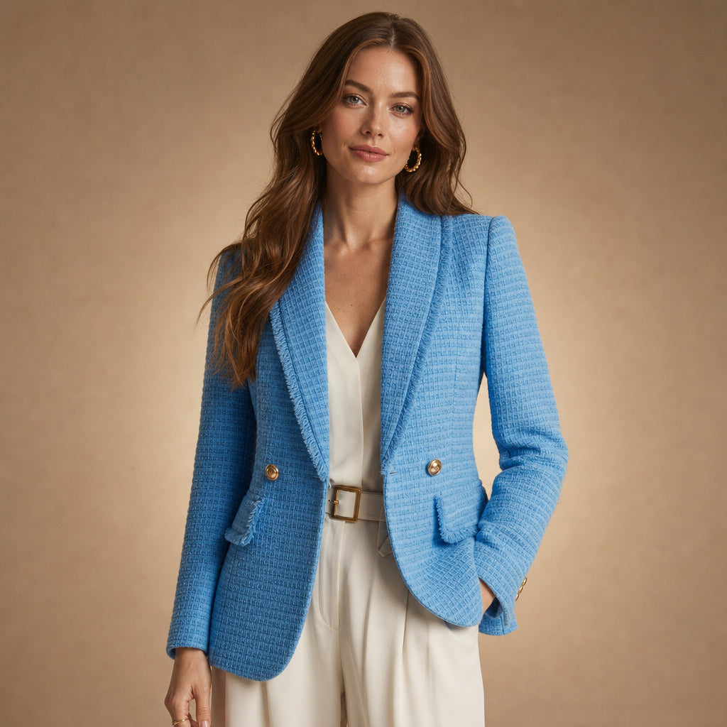 Avery Couture Boucle Blazer Iris Blue – Product Photo