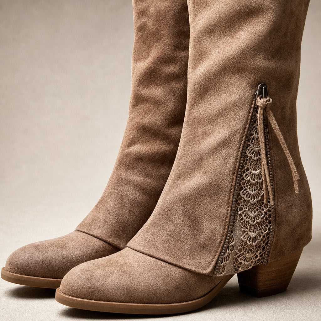 Belen Suede Lace Up Knee High Boots Brown – Fabric and Detail Close-Up