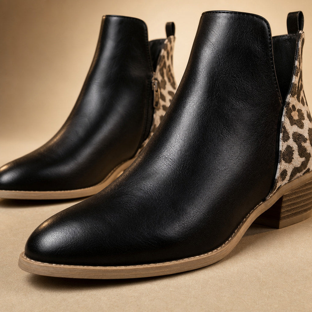 Blakely Women's Leopard Print Ankle Boots Black – Fabric and Detail Close-Up