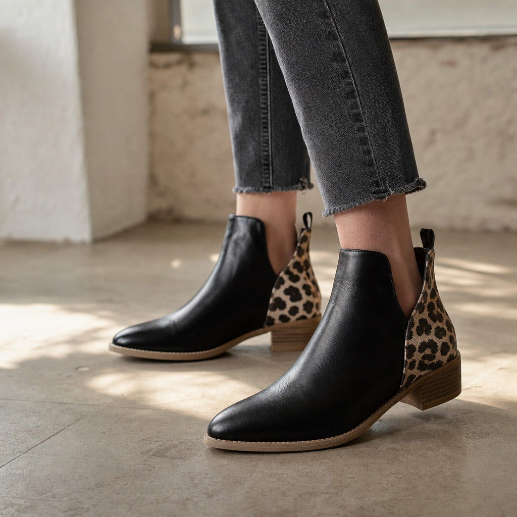 Blakely Women's Leopard Print Ankle Boots Black – Styled Editorial Shot, Detail