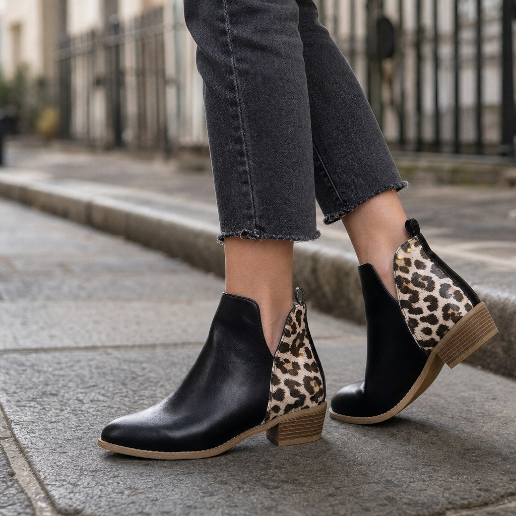 Blakely Women's Leopard Print Ankle Boots Black – Styled Editorial Shot