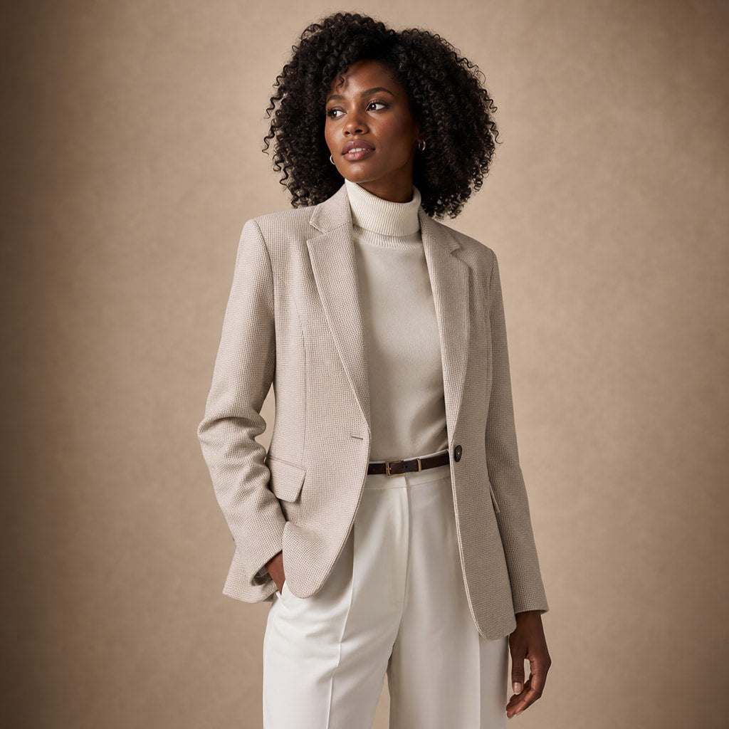 Houndstooth Blazer Jacket Single-Button Apricot – Side Angle View