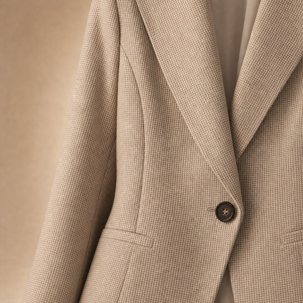 Houndstooth Blazer Jacket Single-Button Apricot – Fabric and Detail Close-Up