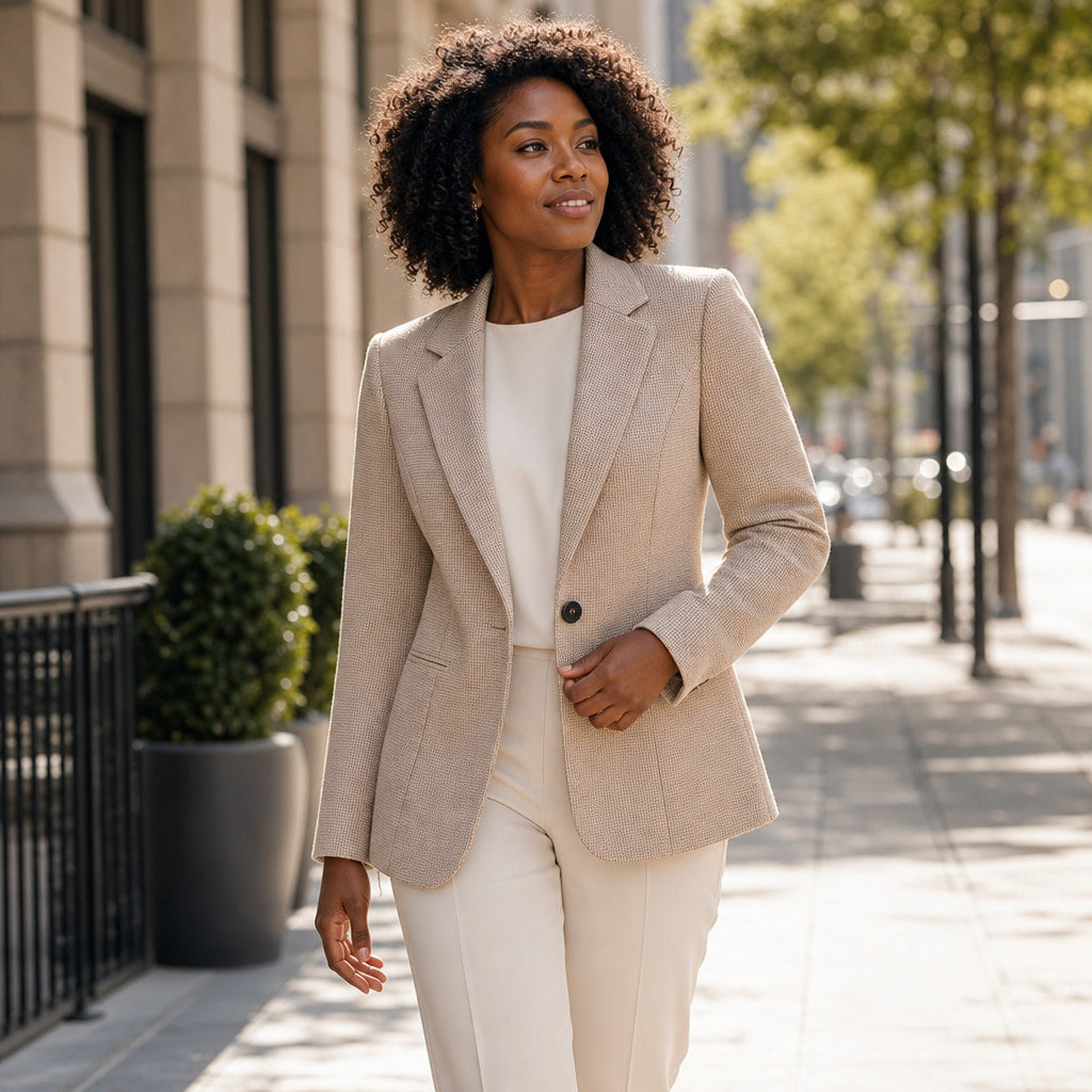 Houndstooth Blazer Jacket Single-Button Apricot – Styled Editorial Shot