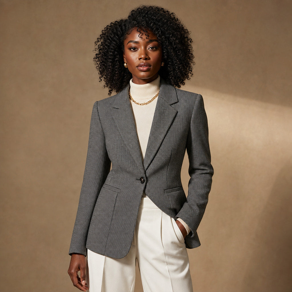 Houndstooth Blazer Jacket Single-Button in Dark Gray – Mampierimoda Premium Womenswear