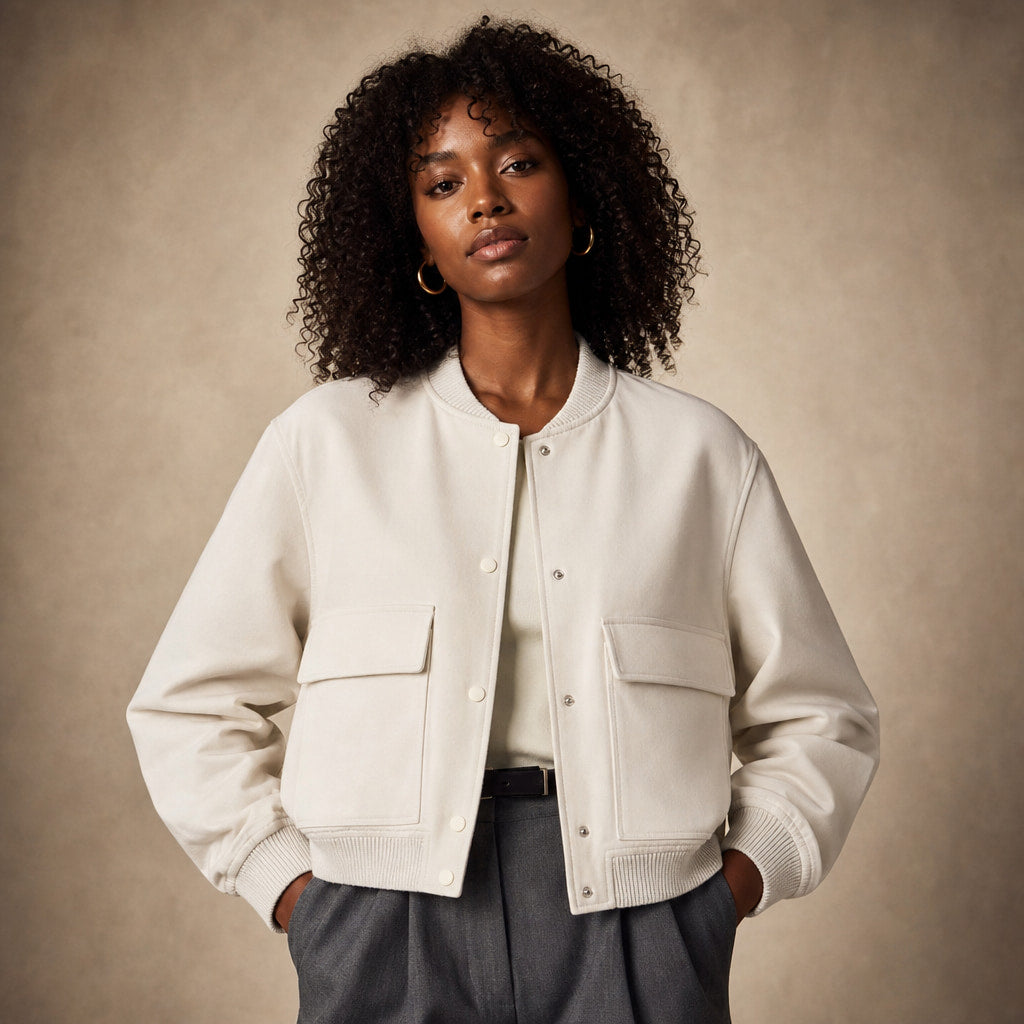 Bomber Jacket Lapel Collar Button Front White – Product Photo