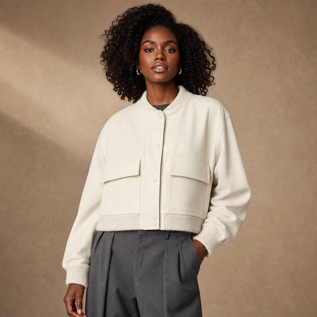 Bomber Jacket Lapel Collar Button Front in White – Mampierimoda Premium Womenswear