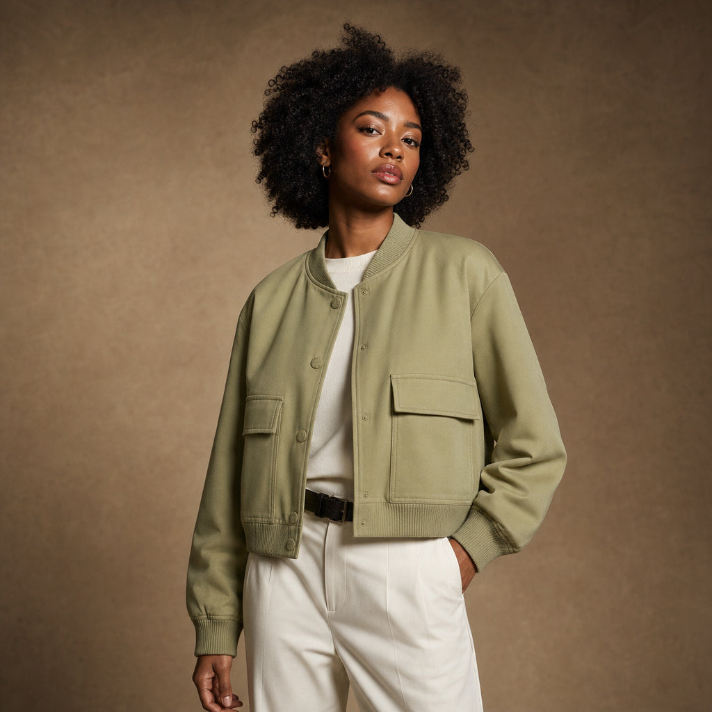 Bomber Jacket Lapel Collar Button Front Light Olive – Side Angle View