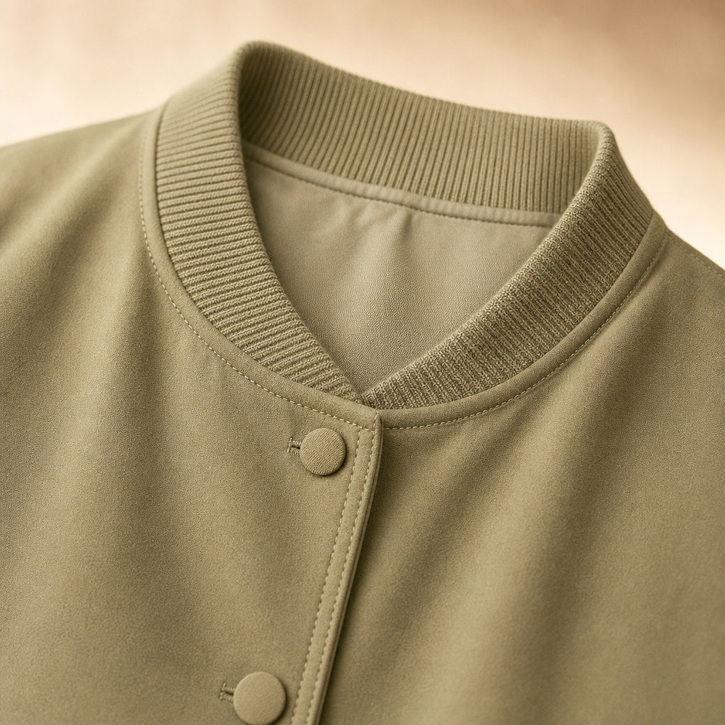 Bomber Jacket Lapel Collar Button Front Light Olive – Fabric and Detail Close-Up