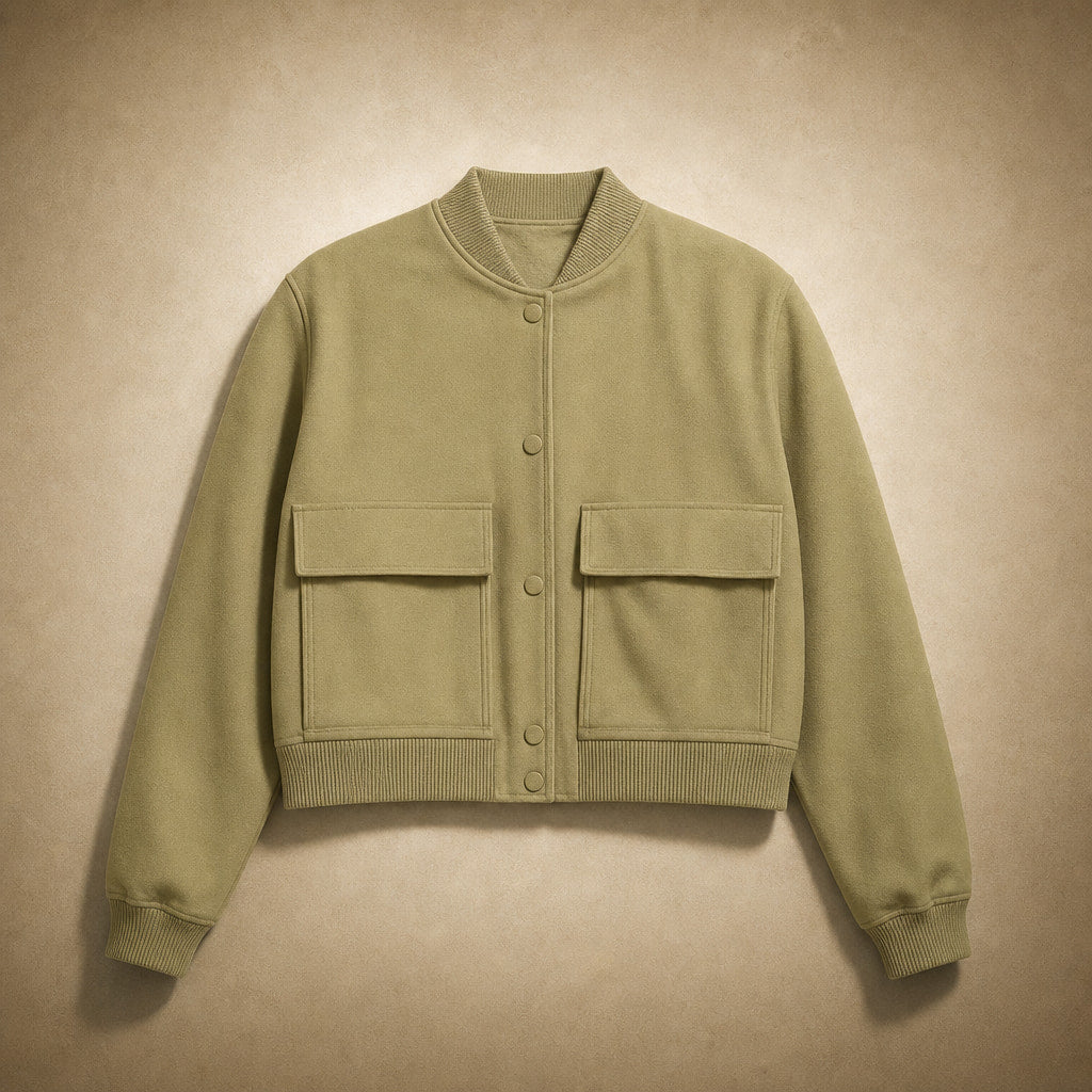 Bomber Jacket Lapel Collar Button Front Light Olive – Flat Lay Product Photo