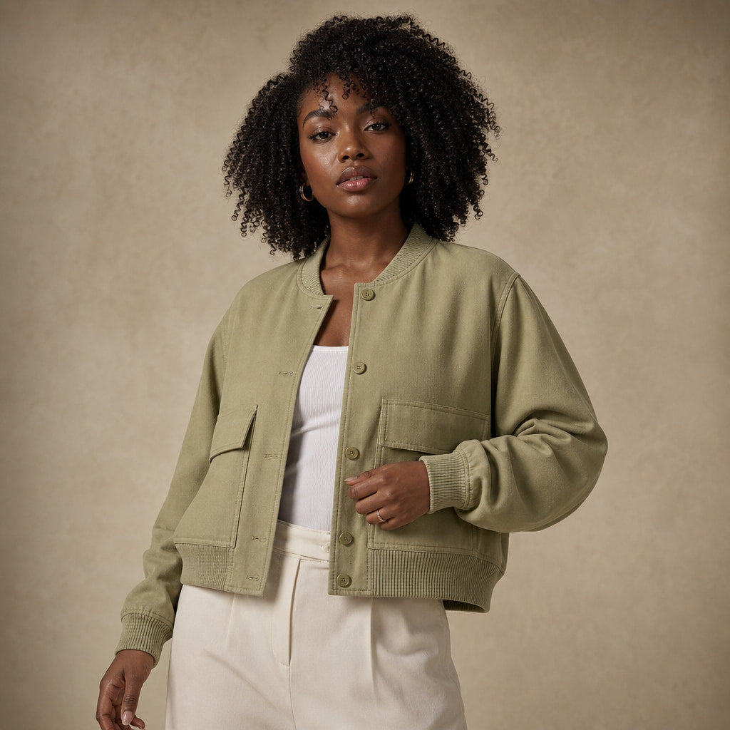 Bomber Jacket Lapel Collar Button Front Light Olive – Product Photo