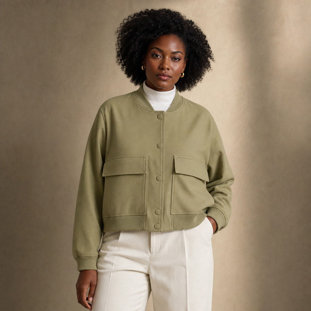 Bomber Jacket Lapel Collar Button Front in Light Olive – Mampierimoda Premium Womenswear