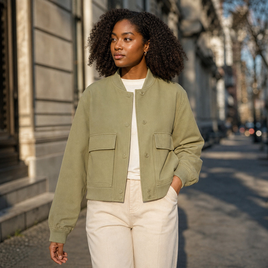 Bomber Jacket Lapel Collar Button Front Light Olive – Styled Editorial Shot