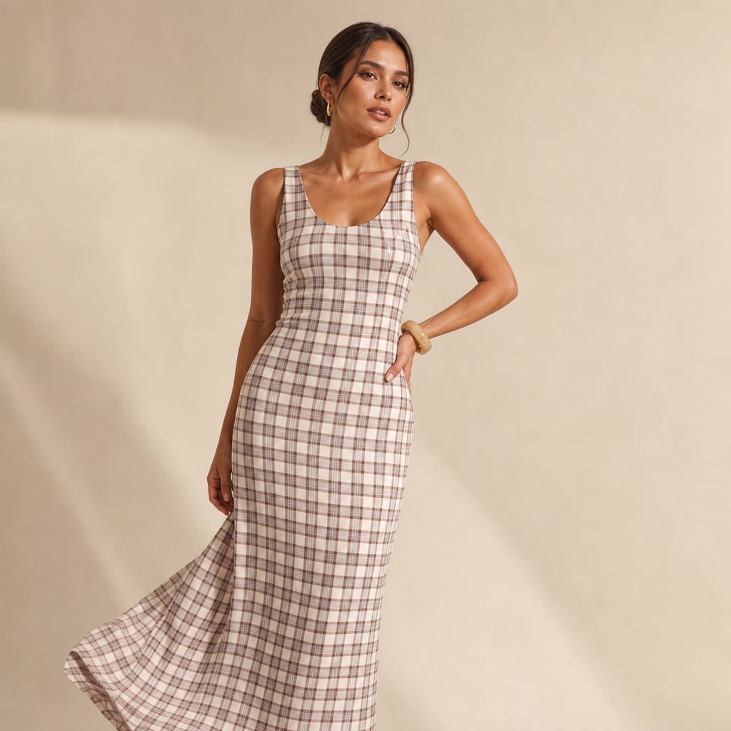 Britt Maxi Dress - Neutral Check Neutral Check – Side Angle View