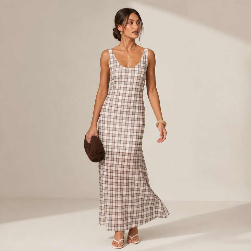 Britt Maxi Dress - Neutral Check Neutral Check – Product Photo