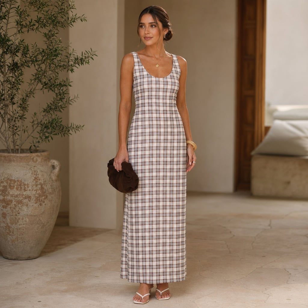 Britt Maxi Dress - Neutral Check Neutral Check – Styled Editorial Shot
