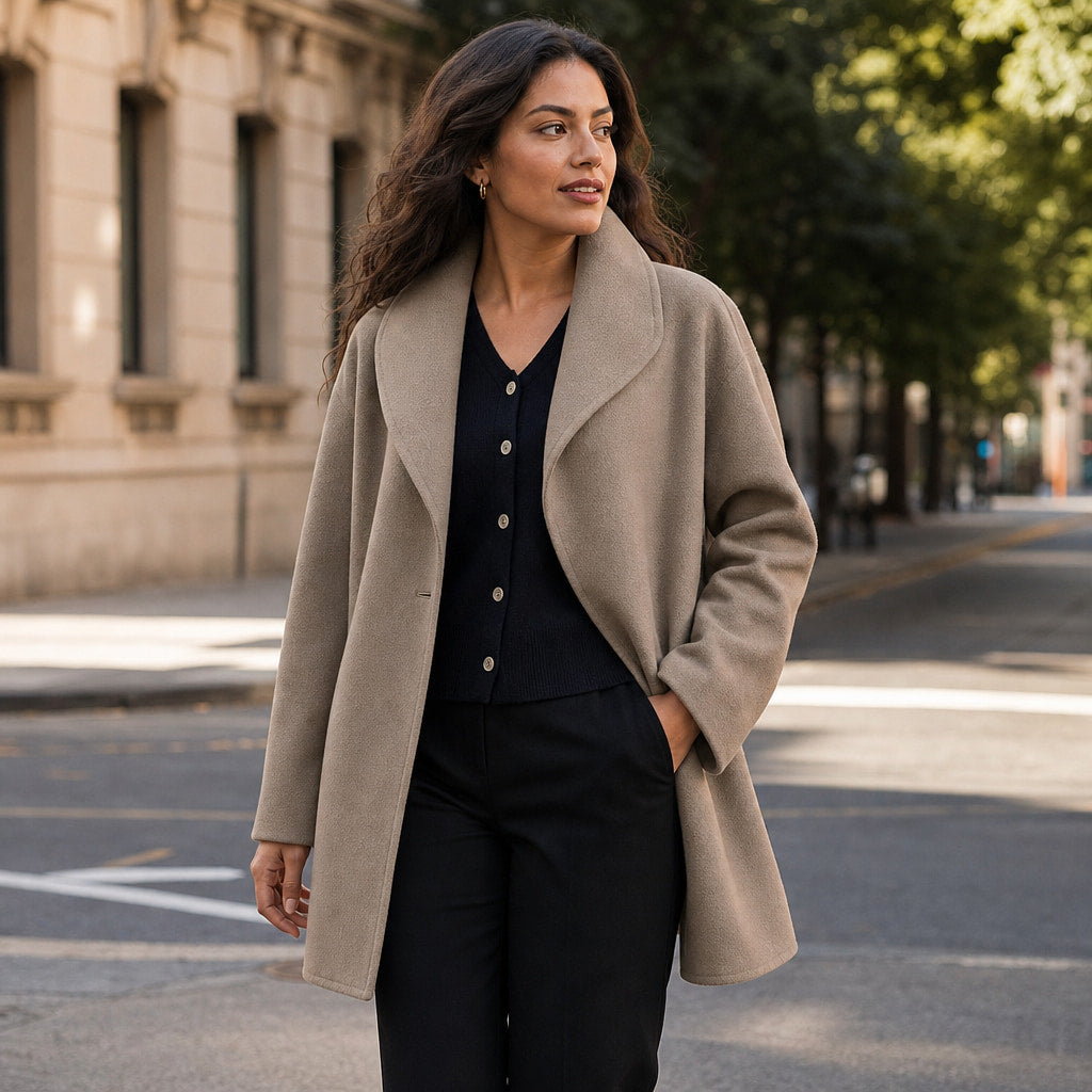 Brooklyn - Women's Wool Coat with Notch Lapel Collar Brown – Styled Editorial Shot