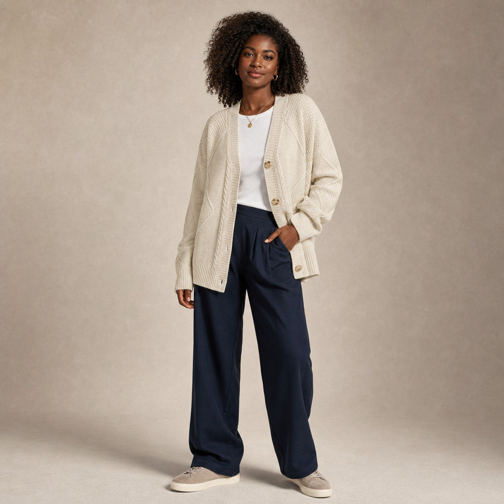 Cable Knit Button-Front Cardigan - Classic Knit Sweater Light Beige – Side Angle View