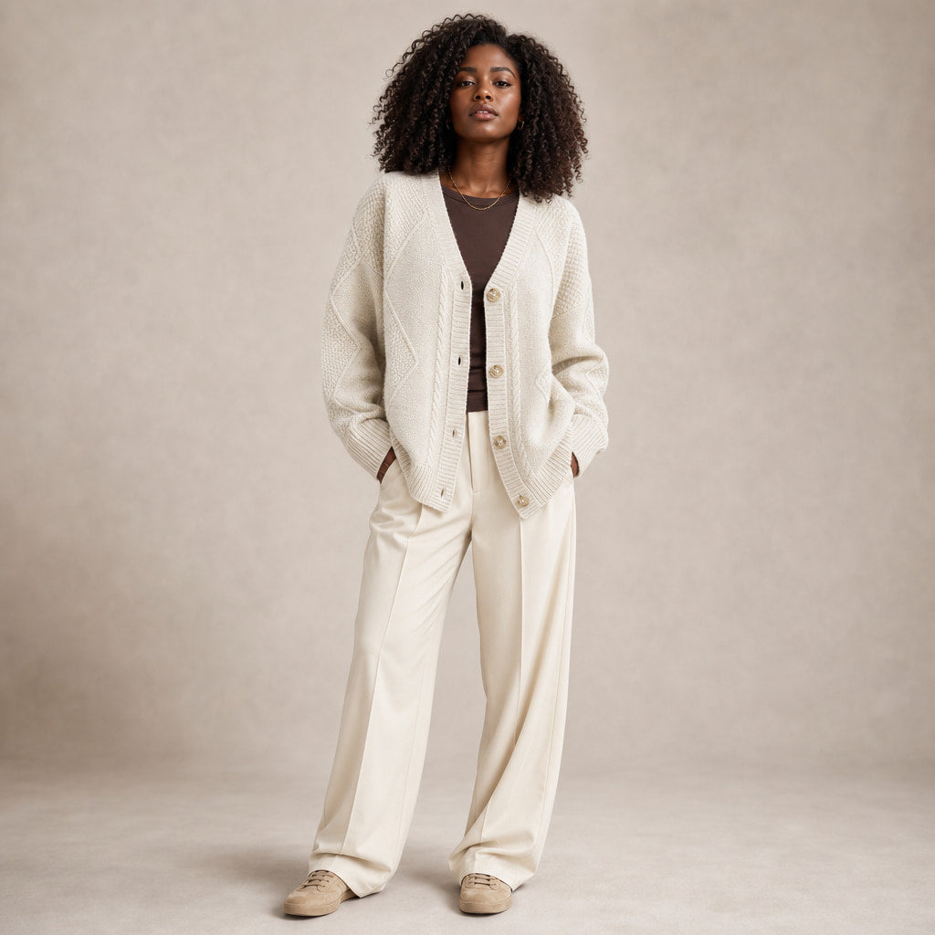 Cable Knit Button-Front Cardigan - Classic Knit Sweater Light Beige – Full Look
