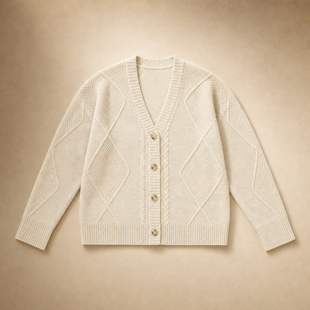 Cable Knit Button-Front Cardigan - Classic Knit Sweater Light Beige – Product Photo