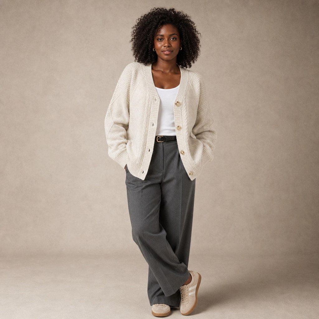 Cable Knit Button-Front Cardigan - Classic Knit Sweater in Light Beige – Mampierimoda Premium Womenswear