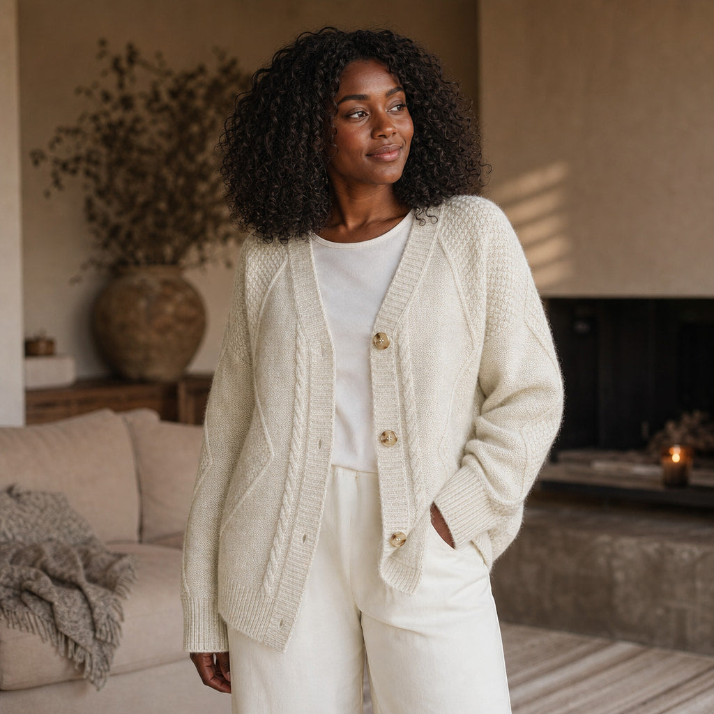 Cable Knit Button-Front Cardigan - Classic Knit Sweater Light Beige – Styled Editorial Shot