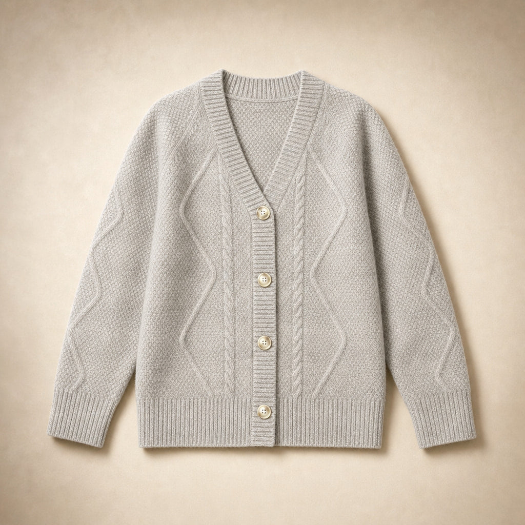 Cable Knit Button-Front Cardigan - Classic Knit Sweater Light Gray – Product Photo