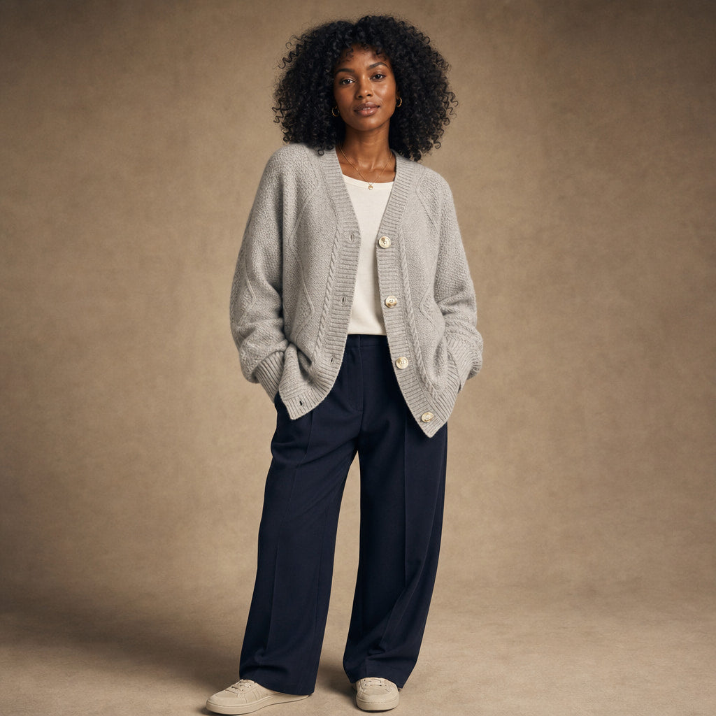 Cable Knit Button-Front Cardigan - Classic Knit Sweater in Light Gray – Mampierimoda Premium Womenswear