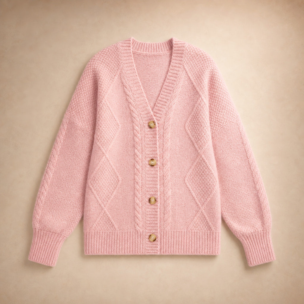Cable Knit Button-Front Cardigan - Classic Knit Sweater Pink – Product Photo