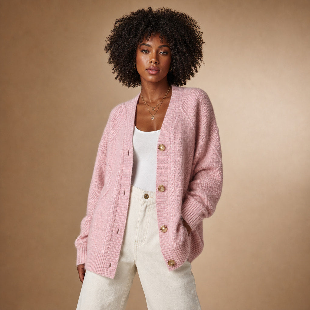 Cable Knit Button-Front Cardigan - Classic Knit Sweater in Pink – Mampierimoda Premium Womenswear