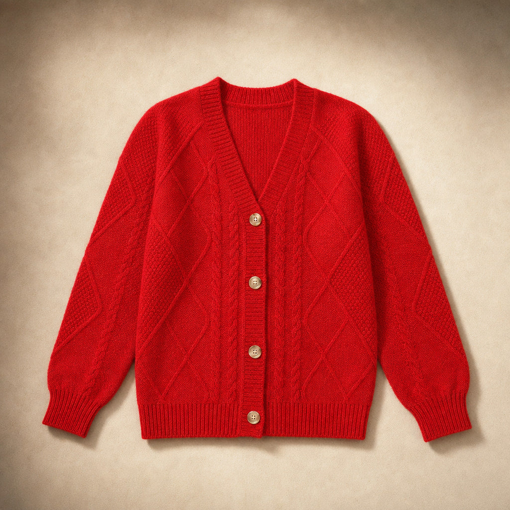 Cable Knit Button-Front Cardigan - Classic Knit Sweater Red – Product Photo
