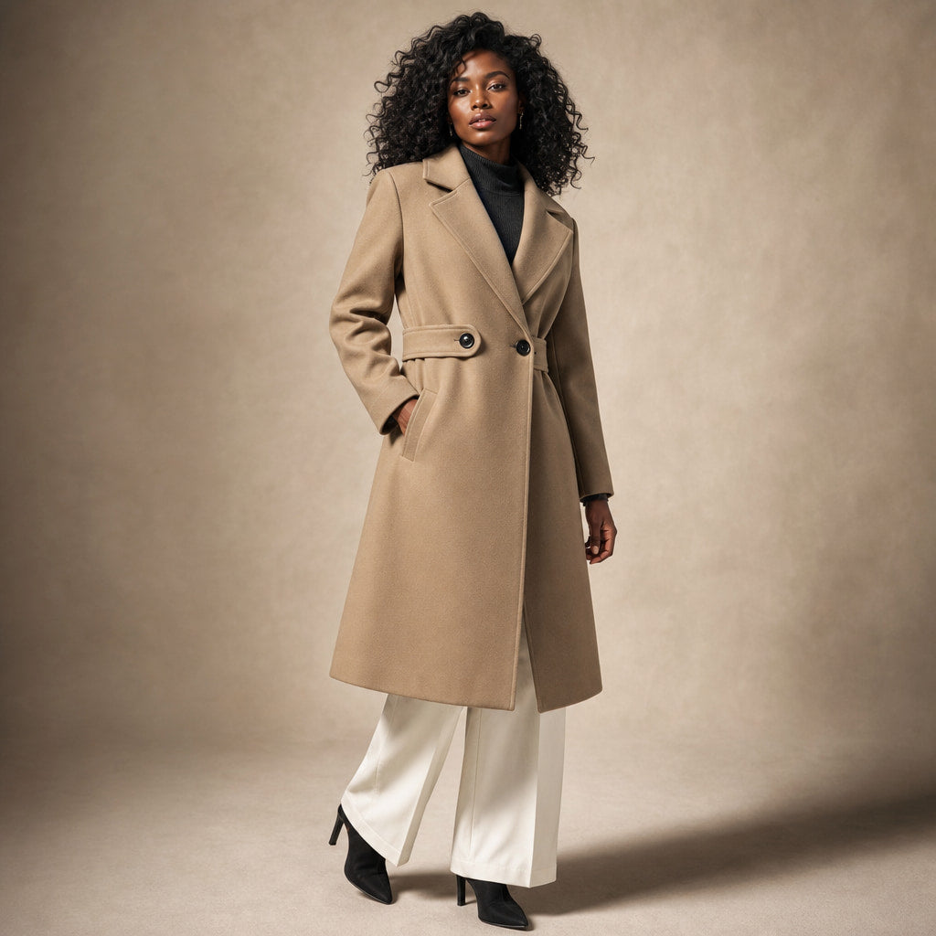 Belted Winter Coat Mid-Length Camel – Side Angle View