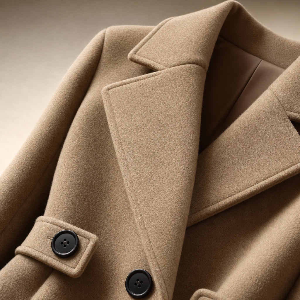 Belted Winter Coat Mid-Length Camel – Fabric and Detail Close-Up