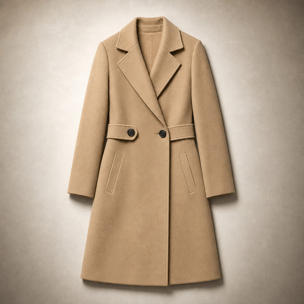 Belted Winter Coat Mid-Length Camel – Flat Lay Product Photo
