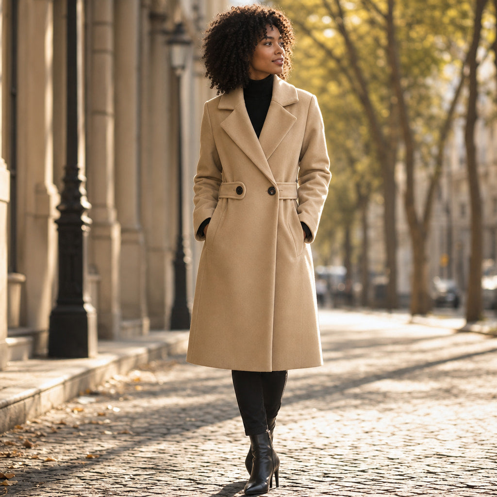 Belted Winter Coat Mid-Length Camel – Styled Editorial Shot